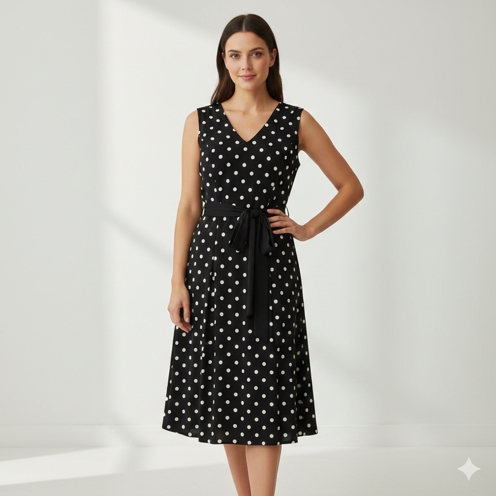 Charlie Paige Black and White Polka Dot Midi Dress With Tie Size Med